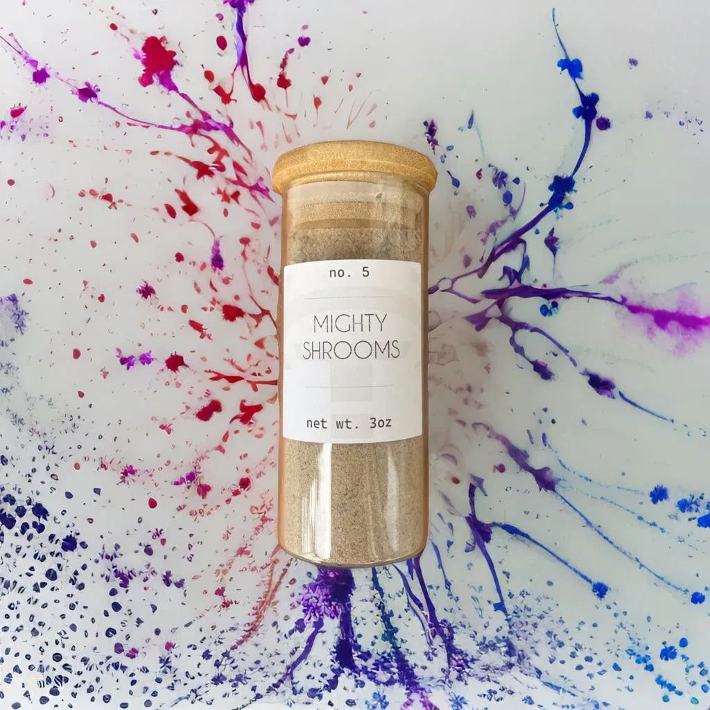 Jar of ADPTGN Mighty Shrooms savory mushroom spice blend