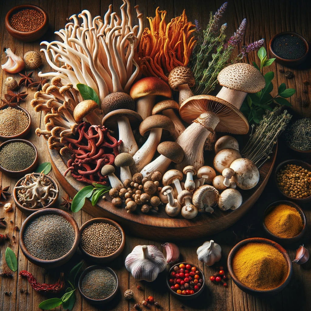 Mushrooms, garlic and spices, ingredients for ADPTGN Mighty Shrooms