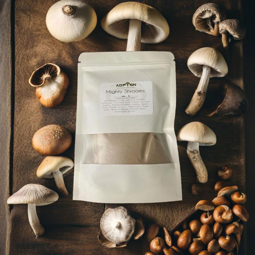 ADPTGN Mighty Shrooms refill pouch with mushrooms on a wooden table